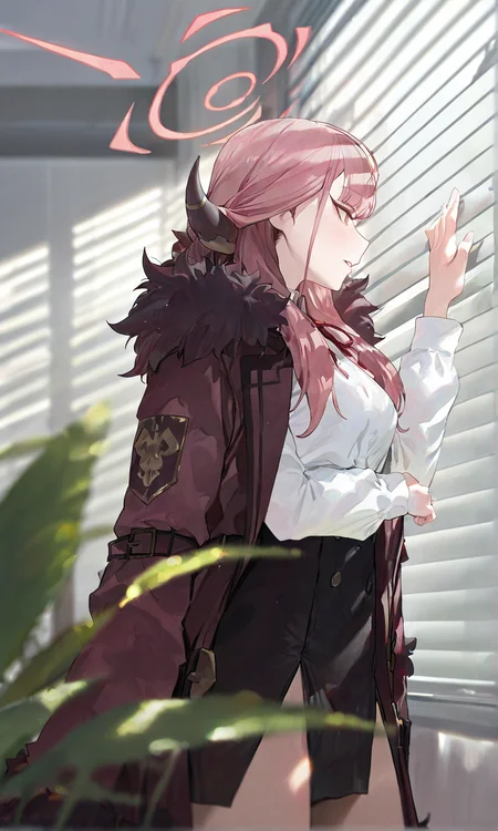 modare, blue archive, aru \(blue archive\), 1girl, black skirt, breasts, coat, coat on shoulders, cowboy shot, fur-trimmed coat, fur trim, halo, hand up, horns, indoors, long hair, long sleeves, looking away, neck ribbon, parted lips, pink hair, plant, profile, red coat, red ribbon, ribbon, shirt, skirt, solo, standing, white shirt, window, window blinds, yellow eyes <lora:Artist_style_Modare__Mogoon_ã¢èª°_-_Illustrious-XL:0.7>