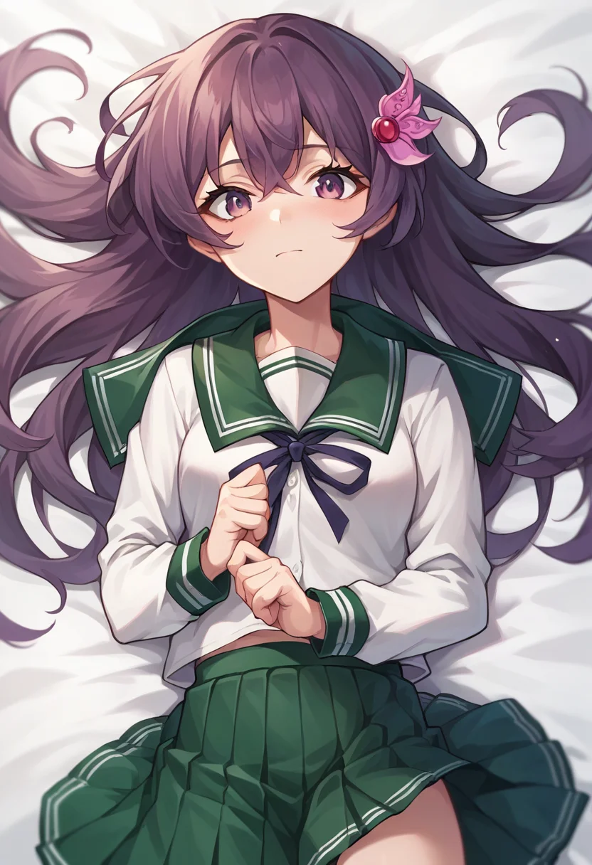 score_9, score_8_up, score_7_up, source_anime, masterpiece, 1girl, ctiankisa, serafuku, green skirt, pleated skirt, green sailor collar, blazer, looking at viewer, <lora:Kisaragi_Pony_ct:0.8>