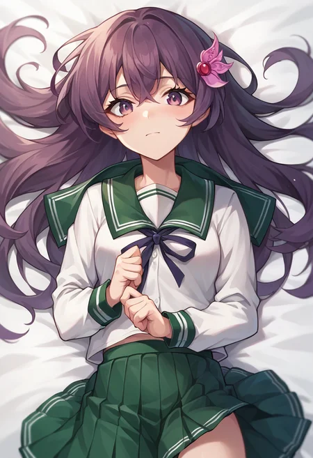 score_9, score_8_up, score_7_up, source_anime, masterpiece, 1girl, ctiankisa, serafuku, green skirt, pleated skirt, green sailor collar, blazer, looking at viewer, <lora:Kisaragi_Pony_ct:0.8>