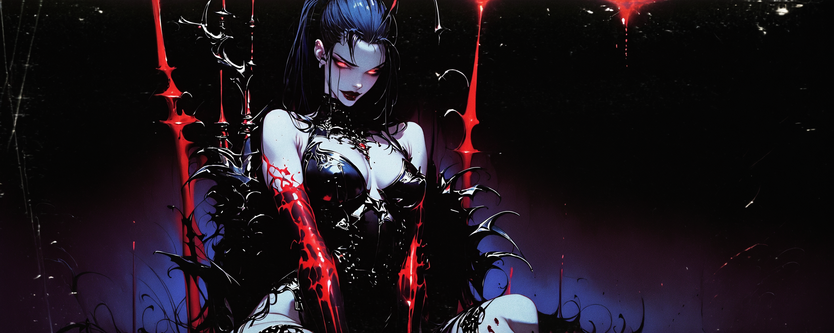 score_9, score_8_up, score_7_up, score_9, score_8_up, score_7_up, rating_explicit, solo:1.2, 1woman, devil horns, demon armor, very pale white skin, skindentation, dark eye shadow, eyeliner, black lipstick, large breast, cleavage, perky breast, black hair, very long dreadlock haircut, undercut, ponytail, red glowing eyes, hourglass body, large ass, thigh gap, Thigh high, tribal tattoo, smirk, arms crossed under boobs, ((sitting on throne)), dynamic pose, squeeze boobs, gothic bodysuit, sardonic and menacing, eyes contact, wrap breasts, garter, suspender belt, green fire light ambiance background, (cowboy shot:1.2), 43stl1ght1ng, low light, dramatic lighting, darkness, Expressiveh, r3dgl0w, sinozick style, flat color, dark theme, deep of field, volumetric lighting, source_realistic, vibrant colors,gthan, gothic,STNST, vintage, g0th1cpnk