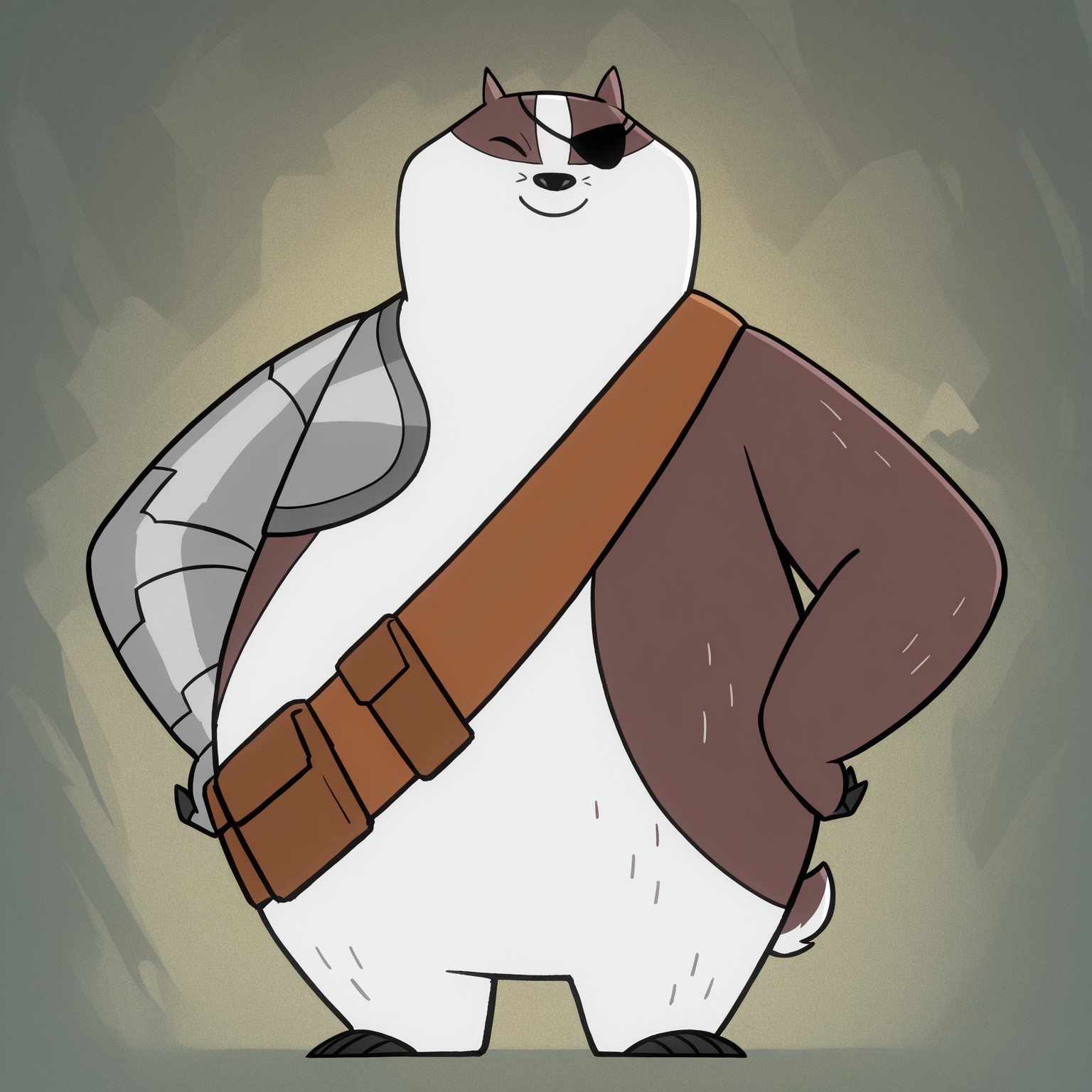 Badgerclops, 2d, solo, 1boy, male, badger, white fur, brown fur, two tone fur, black eyepatch, closed eye, whiskers, black claws, toe claws, pointed ears, cybernetic right arm, tail, brown bag, 

BREAK hands on hips, smiling, standing, full body, facing viewer, abstract background