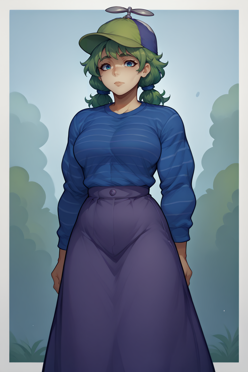 source_anime, score_9, score_8_up, 1girl, solo, <lora:NSHappyCap:1> NSHappyCap, wearing NSHappyCap, green cap, <lora:NSCarolineStardew:1> NSCarolineStardew, Green hair, low twintails, short hair, mature, blue shirt, stripes, long skirt, purple skirt