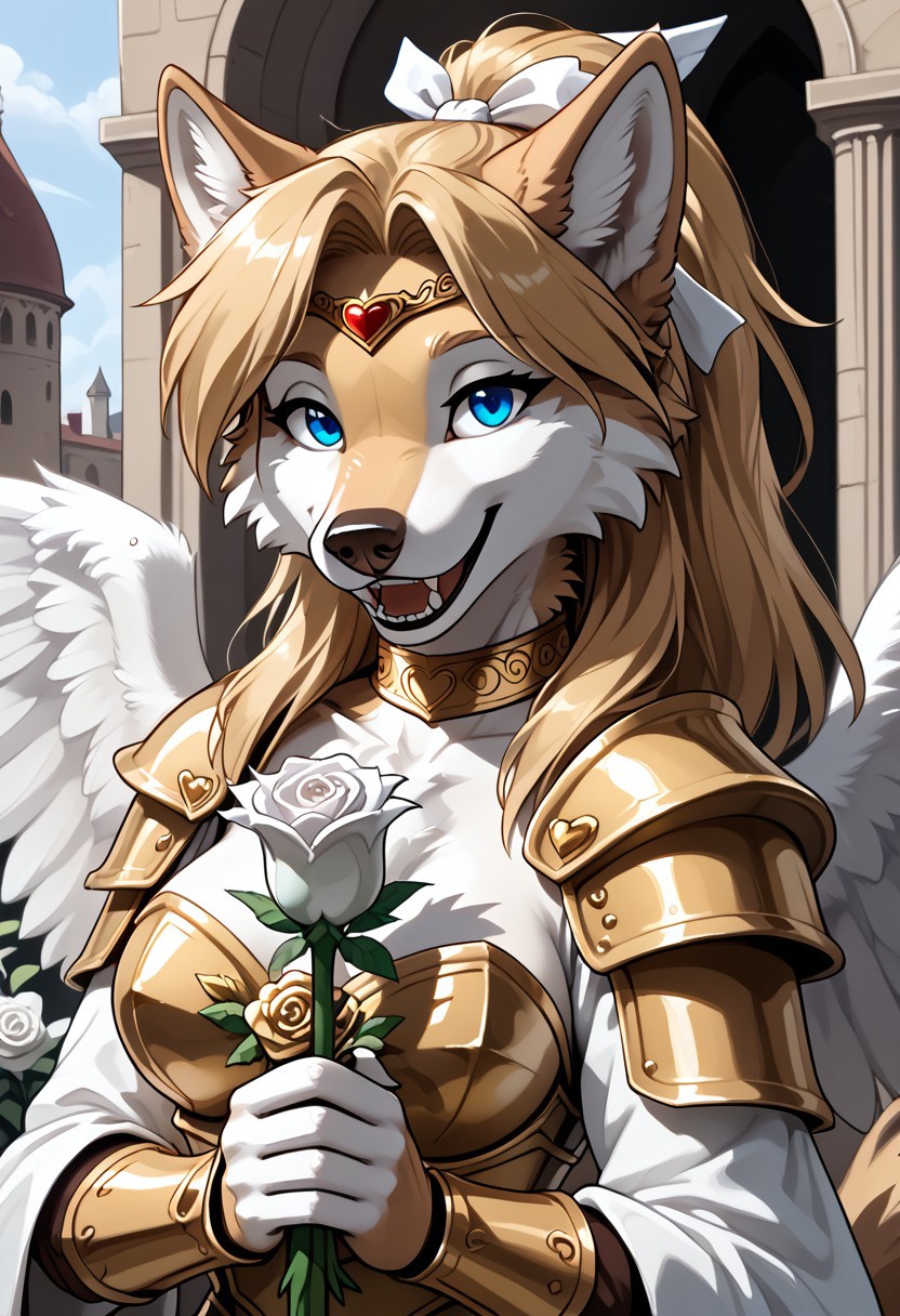 anthro, female wolf, voluptuous figure, tufted fur, tufted ears, fluffy wolf tail, narrowed eyes, long blond hair, golden fur, blue eyes, canine teeth, solo, golden choker, medium breasts, valentine theme, arch background, golden knight armor, white tail ribbon, golden circlet, open smile, holding white rose, glistening eyes, ponytail, angel wings,