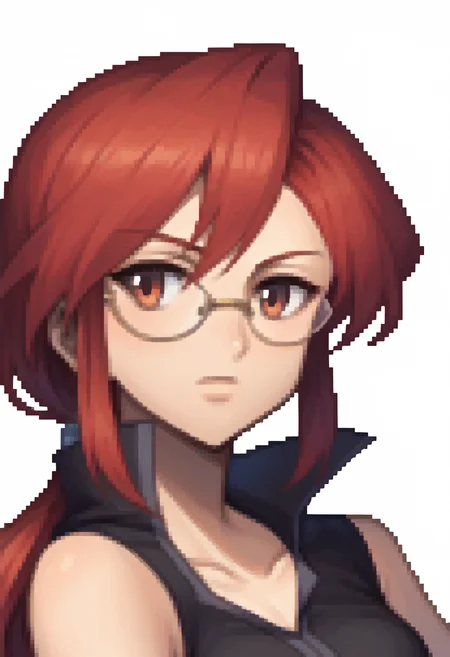 score_9, score_8_up, score_7_up, source_anime BREAK 1girl, solo,
<lora:zs_FEDSPortraitsXL:1> fedsportraits, portrait, white background
<lora:lorelei-pdxl-nvwls-v1:1> frlgLorelei, red hair, swept bangs, low ponytail, glasses, collarbone, black shirt, sleeveless,