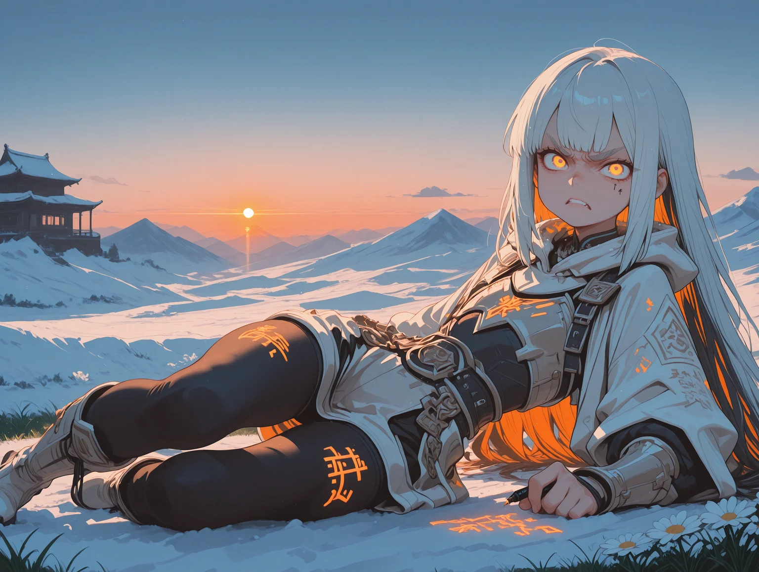masterpiece, best quality, very aesthetic, absurdres, (solo:1.4),
sunset, frozen tundra, snow,
1girl, very long hair, drill_hair, hair highlights,dark white hair highlight, dark orange hair, light Turquoise eyes, crazy, angry, looking at viewer, thick eyebrows, writing, body writing, tights, flat chest, knee high boots, ornate belt, lighting aura, glowing clothes, ,
on side, laying on side, leaning back,, (solo:1.6), (character focus:1.4), close up,
multicolored clothes, colored clothing edges,
light aqua clothes, tiled Overcloak, armored, armor, armored clothes,
sweatshirt, clothes,
simple background, flowers, daisy field, grass, magical clouds, chinese architecture, glowing runes,
<lora:StS-Illustrious-Detail-Slider-v1.0:2> <lora:Crestyle_Illu:0.3> <lora:anime_screencap:0.3> <lora:S4bit4mago:1.2> S4bit4mago_illu, <lora:re4lity:0.4> re4lity_sync_illu <lora:ponyv6_noobE11_2_adamW:0.8> <lora:- iLL - the_edgy_mech_V2.0-:0.4> <lora:aidmaMJ6.1_v0.5_IL:0.3> aidmaMJ6.1