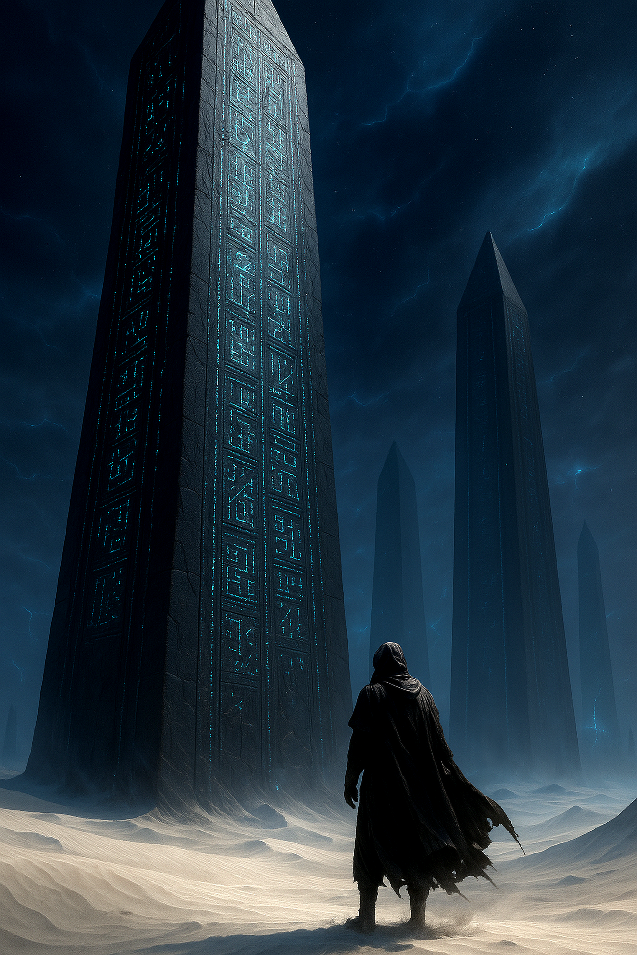 an endless alien desert of ivory white sand stretches toward the horizon, vast dunes sculpted by unseen winds, at its heart, towering black obelisks of impossible height rise into the stormy sky, their surfaces covered in intricate, glowing inscriptions that pulse and flicker with an eerie, indecipherable energy, the geometric arrangement of the structures hints at an ancient, forgotten intelligence beyond human comprehension. in the foreground, a lone traveler stands at the base of the nearest monolith, his silhouette dwarfed by the immense scale of the structure, a tattered hooded cloak billows in the dry wind, dust swirling at his feet, the traveler gazes at the alien structure, bathed in the unearthly glow of the inscriptions. the image is a low-angle shot, emphasizing the towering grandeur of the obelisks and the insignificance of the lone figure, leading lines formed by the monoliths guide the viewer's eye into the vast expanse, additional obelisks barely visible in the hazy distance, their details softened by the atmospheric dust. the lighting is cinematic and moody, a deep indigo sky crackling with distant energy storms, faint auroras weaving through swirling clouds, the inscriptions emit a cold, spectral glow, casting soft, moving light on the surrounding sand and the traveler, occasional flashes of lightning in the far distance illuminate even more forgotten structures beyond the horizon. photographed with a medium format digital camera, ultra-sharp details in the obelisks intricate carvings, soft depth of field adding cinematic realism, subtle chromatic aberration and lens flares enhancing the eerie glow of the inscriptions, the color palette is dominated by ivory white, shades of blue and obsidian black, evoking a haunting atmosphere of ancient power, mystery, and awe