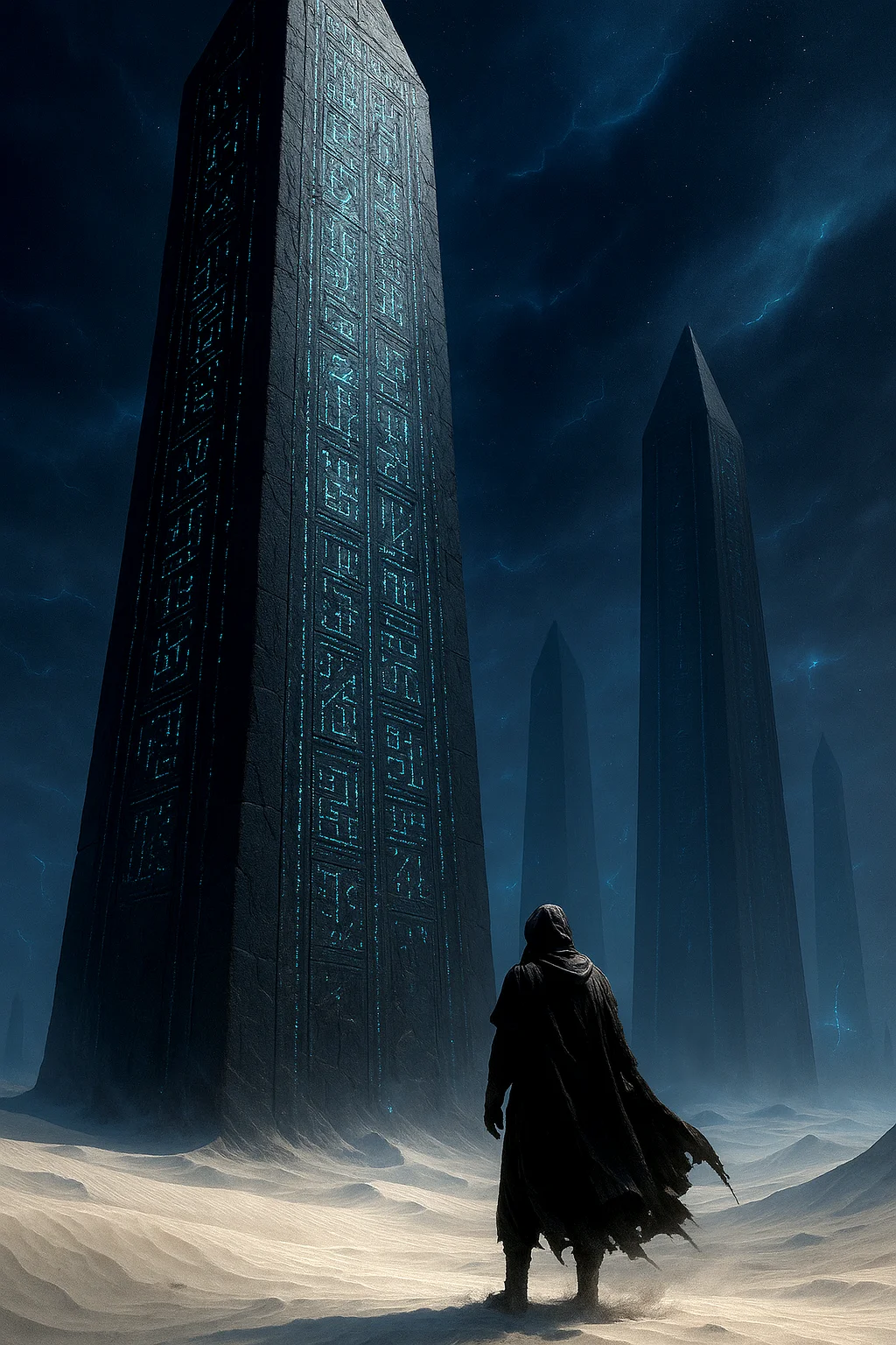 an endless alien desert of ivory white sand stretches toward the horizon, vast dunes sculpted by unseen winds, at its heart, towering black obelisks of impossible height rise into the stormy sky, their surfaces covered in intricate, glowing inscriptions that pulse and flicker with an eerie, indecipherable energy, the geometric arrangement of the structures hints at an ancient, forgotten intelligence beyond human comprehension. in the foreground, a lone traveler stands at the base of the nearest monolith, his silhouette dwarfed by the immense scale of the structure, a tattered hooded cloak billows in the dry wind, dust swirling at his feet, the traveler gazes at the alien structure, bathed in the unearthly glow of the inscriptions. the image is a low-angle shot, emphasizing the towering grandeur of the obelisks and the insignificance of the lone figure, leading lines formed by the monoliths guide the viewer's eye into the vast expanse, additional obelisks barely visible in the hazy distance, their details softened by the atmospheric dust. the lighting is cinematic and moody, a deep indigo sky crackling with distant energy storms, faint auroras weaving through swirling clouds, the inscriptions emit a cold, spectral glow, casting soft, moving light on the surrounding sand and the traveler, occasional flashes of lightning in the far distance illuminate even more forgotten structures beyond the horizon. photographed with a medium format digital camera, ultra-sharp details in the obelisks intricate carvings, soft depth of field adding cinematic realism, subtle chromatic aberration and lens flares enhancing the eerie glow of the inscriptions, the color palette is dominated by ivory white, shades of blue and obsidian black, evoking a haunting atmosphere of ancient power, mystery, and awe
