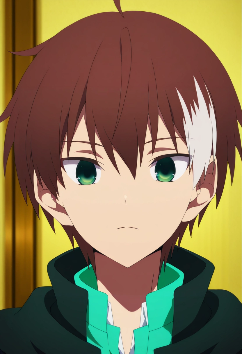 masterpiece, best quality, intricate details, anime screencap, anime coloring, official style, looking at viewer, 1boy, solo, male focus, <lora:akatsuki_iride_ilxl:1>, akatsuki_iride, brown hair, green eyes, short hair, ahoge, multicolored hair, two-tone hair, white hair, ,
