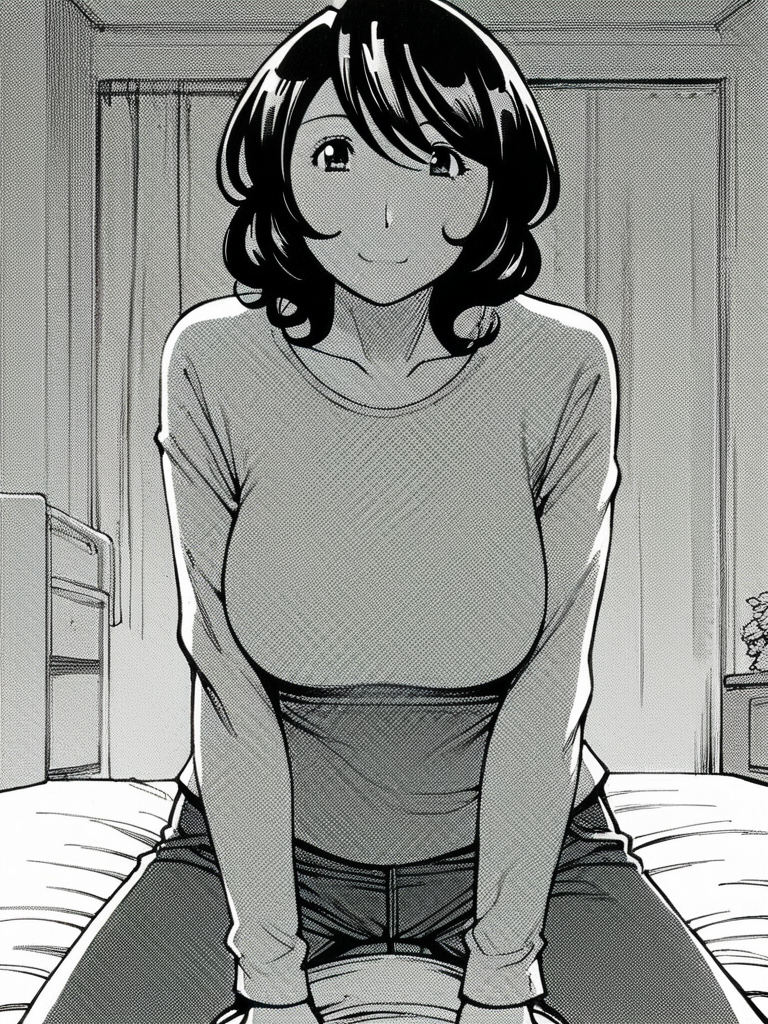 score_9, score_8_up, score_7_up,  
1girl, monochrome, nozomi tk, mature female, black hair, medium hair, curly hair, large breasts,



girl on top, straddling, bed, bedroom, pov,

jeans, grey t-shirt, long sleeves, looking at viewer, smile, closed mouth,