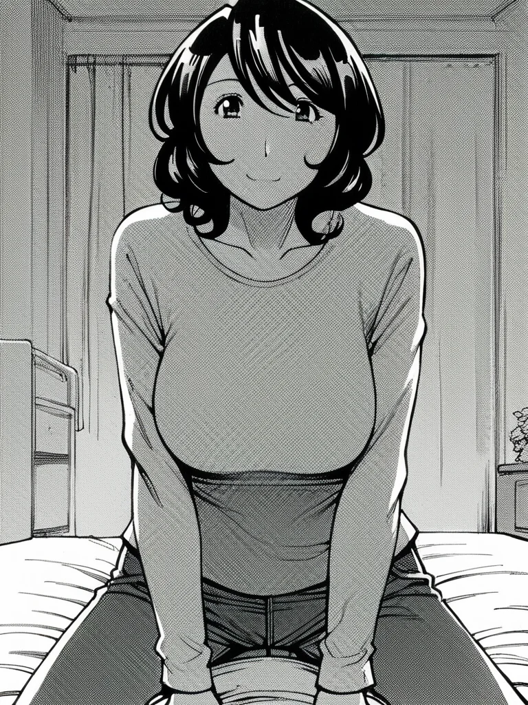 score_9, score_8_up, score_7_up,
1girl, monochrome, nozomi tk, mature female, black hair, medium hair, curly hair, large breasts,
girl on top, straddling, bed, bedroom, pov,
jeans, grey t-shirt, long sleeves, looking at viewer, smile, closed mouth,