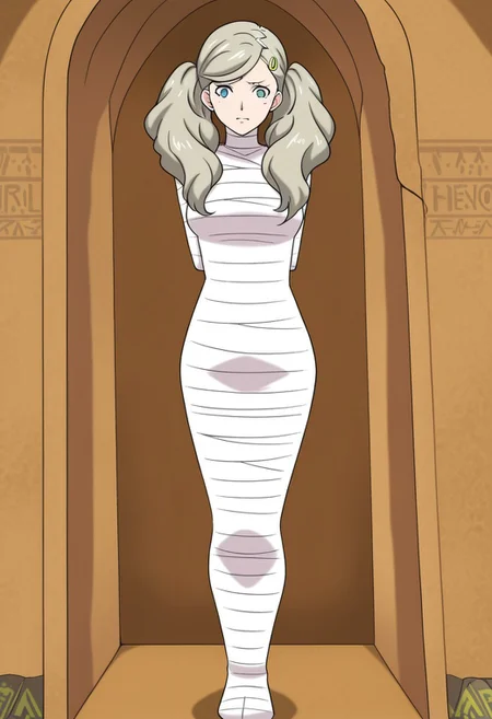 score_9, score_8_up, score_7_up, score_6_up, source_anime, 1girl, vetwrap, bandages, mummification \(bound\), arms over chest, arms at sides, arms behind back, arms at sides, bound arms, bound legs, legs together, p5ann, takamaki anne, blonde hair, long hair, twintails, swept bangs, hair clip,, desert, inside sarcophagus, sandstone walls, hieroglyphs