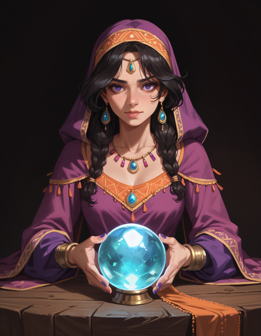 score_9, score_8_up, score_7_up, score_6_up, score_5_up, score_4_up, 1girl, gypsy, hud_cryst4l_b4ll, glowing, crystal ball, orb, upper body, table, nail polish, 