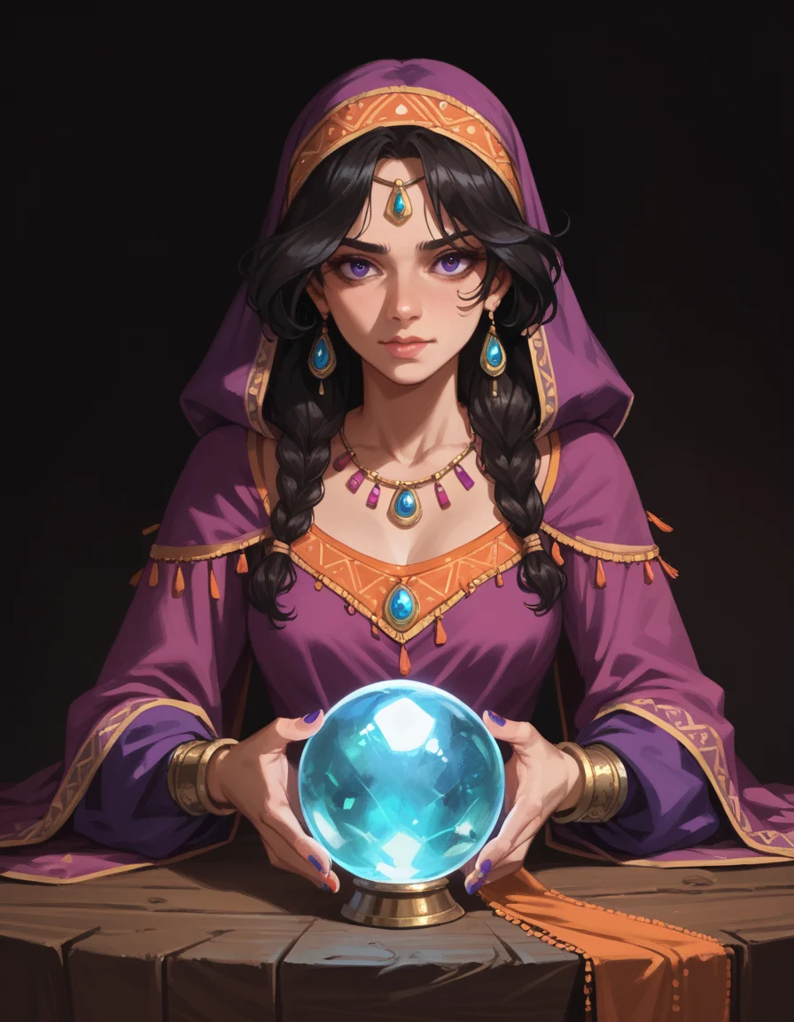 score_9, score_8_up, score_7_up, score_6_up, score_5_up, score_4_up, 1girl, gypsy, hud_cryst4l_b4ll, glowing, crystal ball, orb, upper body, table, nail polish,