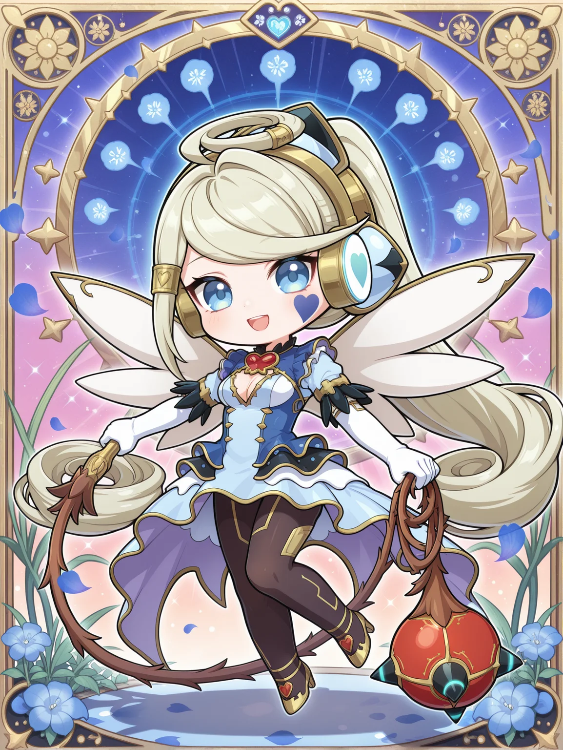 chibi, trickstar holly angel, 1girl, solo, heart, vine flail, smile, holding vine flail, open mouth, looking at viewer, black pantyhose, full body, :d, gold high heels, blue heart facial mark, gold headset, gold hair tubes, blue dress, white elbow gloves, watermark, shadow, spread wings,flower, blue petals, garden
masterpiece,best quality,amazing quality,very aesthetic,absurdres,newest,<lora:Trickstar holly angel illusXL v1.21:0.73>,