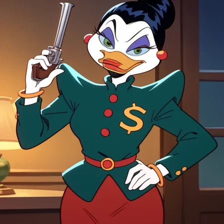 score_9, score_8_up, score_7_up, 1girl, solo, mvdt2, duck, beak, furry, skirt, green jacket, furry female, green eyes, hand on hip, jewelry, makeup, hair bun, black hair, gold bracelet, upper body, looking at viewer, dollar \(symbol\), no humans, holding revolver, <lora:mvdt2:1>,