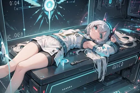 (masterpiece), (science fiction:1.4), 1girl, lying on the back on a mirror, lying on the back on a mirror, lying on the back on a mirror, smile, silver hair, aqua eyes, headgear, long sleeves, detached sleeves, glowing energy clothing, light particles, energy particles, perfect hands, perfect legs