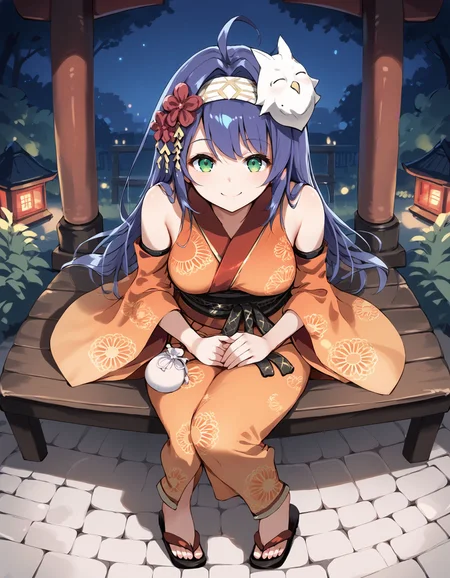 score_9, score_8_up, score_7_up, score_6_up, BREAK source_anime, best quality, masterpiece,
1girl,<lora:yukata miaPonyXL:0.8>,yukata mia,hairband,mask on head,hair ornament,orange kimono,detached sleeves,sash,pouch,sandals,full body,sitting,on park bench,smile,looking at viewer,shrine,night,from above