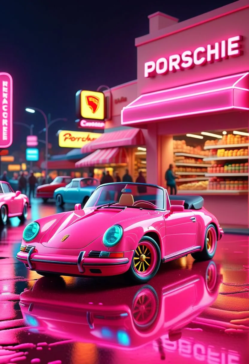 ispzxll, diorama, isometric, miniature, volumetric lighting style, intricate details, neon pink porsche convertible car, wet pavement, grocery store parking lot, crowds of people, neon signs, reflective surfaces, glossy, 8k