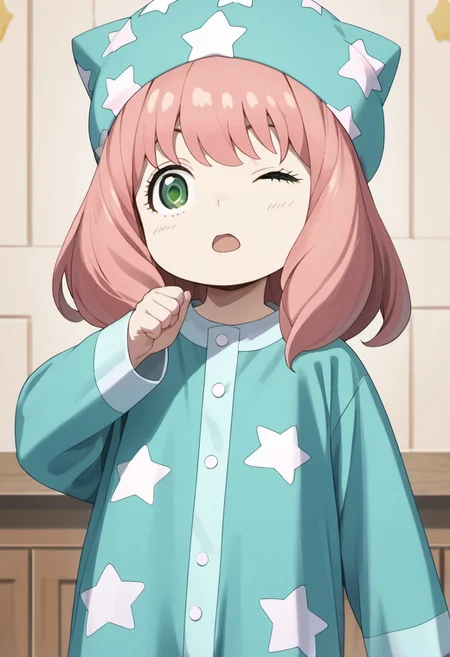 score_9, score_8_up, score_7_up, source_anime, anya forger, pink hair, female child, child, green eyes, medium hair, 1girl, pajamas, solo, one eye closed, hat, rubbing eyes, open mouth, long sleeves, star print, blue headwear