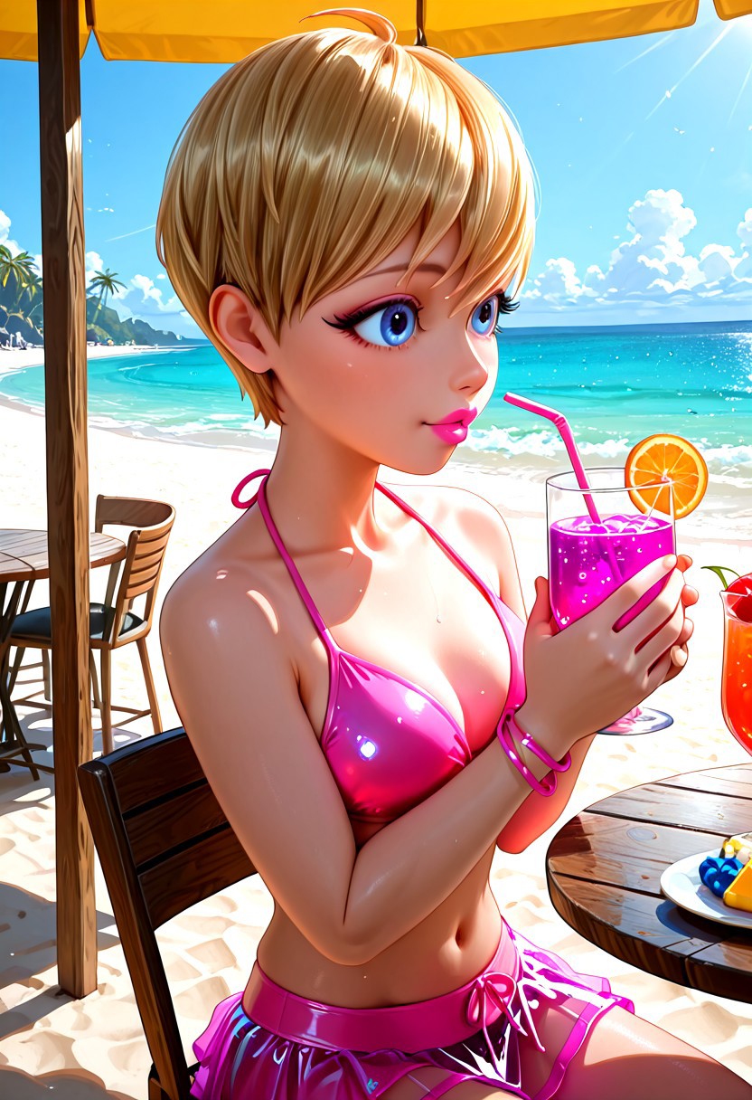 score_9_up, score_8_up, score_7_up, score_6_up), good_hands, vivid colors,, (high quality), (high resolution), (perfect lips,  perfect eyes,  perfect body), BREAK, (Rose Lavillant, blonde hair, short hair, pixie cut, bangs, blue eyes, eyeliner, pink lipstick, Sparkly pink swimsuit, bikini, transparent mini skirt), sitting on chair, drinking juice, straw, glass cup, BREAK, beach, restaurant, table, chair, sunny, BREAK, score_9, score_8, score_7,