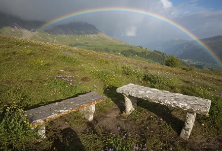 (no human:1.18), scenic wide alpine landscape, flowering juicy mountain meadow at springtime, Scandinavian Mountains(butterflies:0.36), group of birch trees, (Stone bench) Weathered, worn, nestled among wildflowers, for a lonely rest,
(Mountain wildflowers: Alpine aster (Aster alpinus)
(sunshine after rain, dim transparent rainbow crossing the valley:1.18)
(Softbox key light, a clean, even, almost flawless illumination, a slight catchlight in the subject's eyes), ARTSTYLE (epic:1.29, (high image quality:1.08), (RAW:1.02) (high resolution photograph:1.28),high definition, <lora:sdxl\pony-realism-22-nsfw-photo.safetensors:0.85:0.18> <lora:sdxl\add-detail-xl.safetensors:0.87:0.10 p4,s20