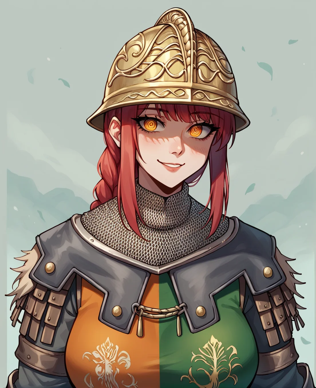 woman warrior portriet, girl face, illustration, close up, helmet on, chainmail coif, green and orange tabard, worn armor, gloves, armored boots, lake background, sands, elden ring, godrick soldier, ((digital art)), torso shot <lora:Vector cartoon illustration:0.3> , half body view <lora:Pony_EldenRing_GodrickSoldier_v3:0.7>, ((makima face)), red hair, a sly smile, a mystical look, makima spiral eyes, orange eyes, portrait of an anime person, aesthetic, wlop, trending on artstation, deviantart, anime key visual, 8k uhd, score_9, score_8_up, score_7_up,