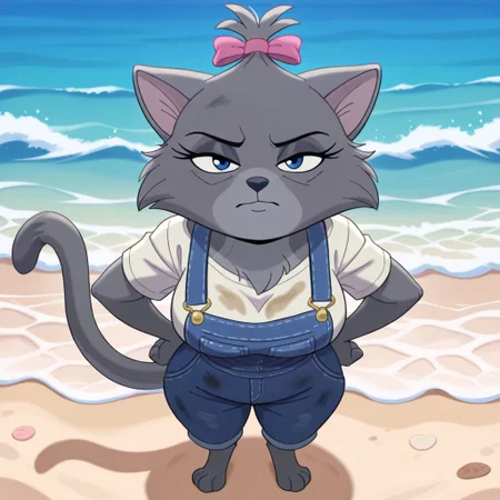 Zelda(TFaTH2), Solo, 1girl, anthro, furry female, cat, cat girl, gray fur, blue eyes, eyelashes, black nose, cat tail, pink bow, hair bow, looking at viewer, full body, day, frowning, standing, hands on hips, dirty white shirt, blue patchy overalls, large breasts, beach setting,