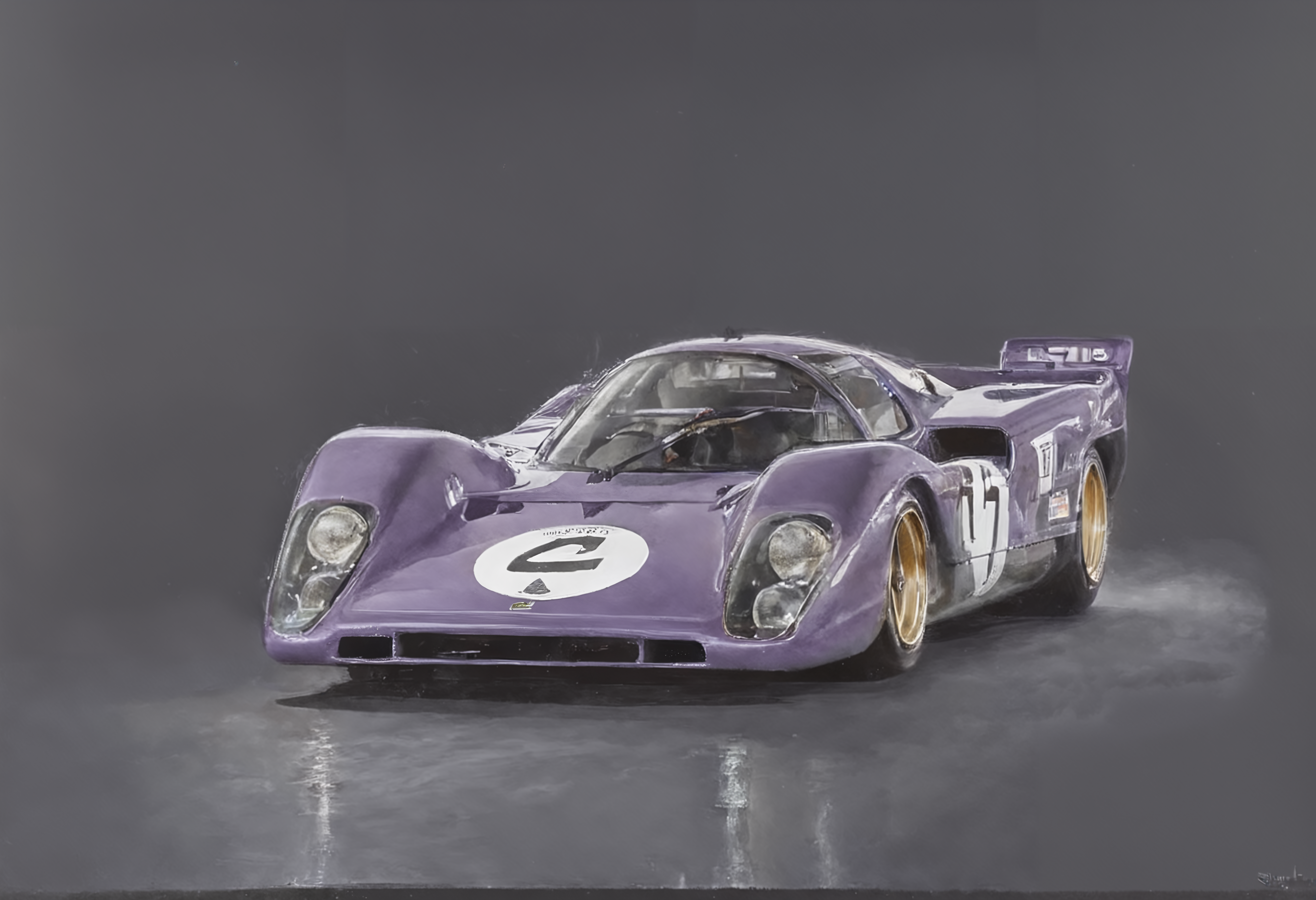 a (in the style of nicola samori:1.5) (lithograph oil pastel drawing:1.25) of a  Mulberry Purple ferrari512m,  l960sm1deng1ne, at high speed at the Daytona race track  in Moonlit Night: Moonlight casting a silvery glow, providing a mystical and romantic atmosphere., dynamic motion blur,  front view , (( )),  dark, chiaroscuro, low-key  low color saturation, concept art, perfect composition, masterpiece, professional photography, zeiss lens, shot on dslr 64 megapixels, sharp focus, intricately detailed, dramatic, tilt shift, f/32,