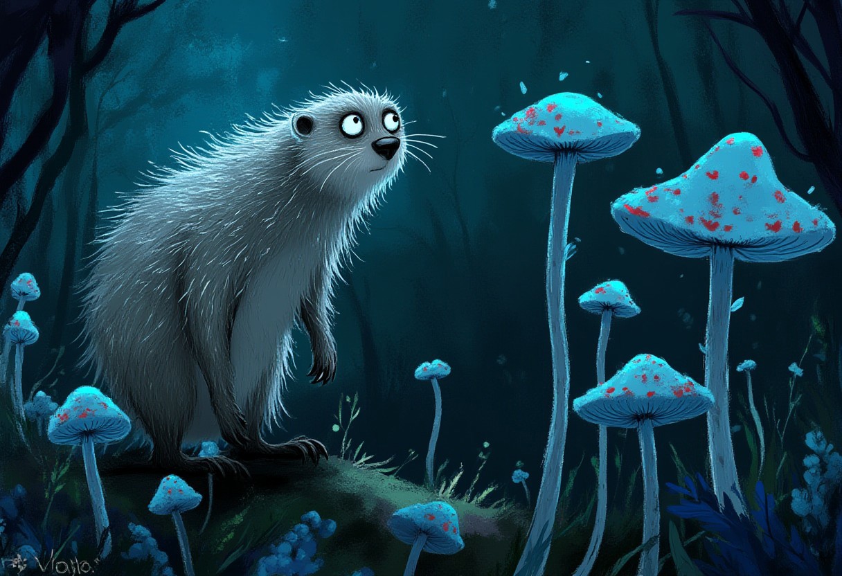 A whimsical illustration of a thin badger with bristly fur in dark whimsical art style, lurking among blue bioluminescent and red spotted mushrooms, digital painting with expressive brushstrokes showing textured fur, eerie forest background, characteristic Tim Burton inspired design with gleaming silver eyes