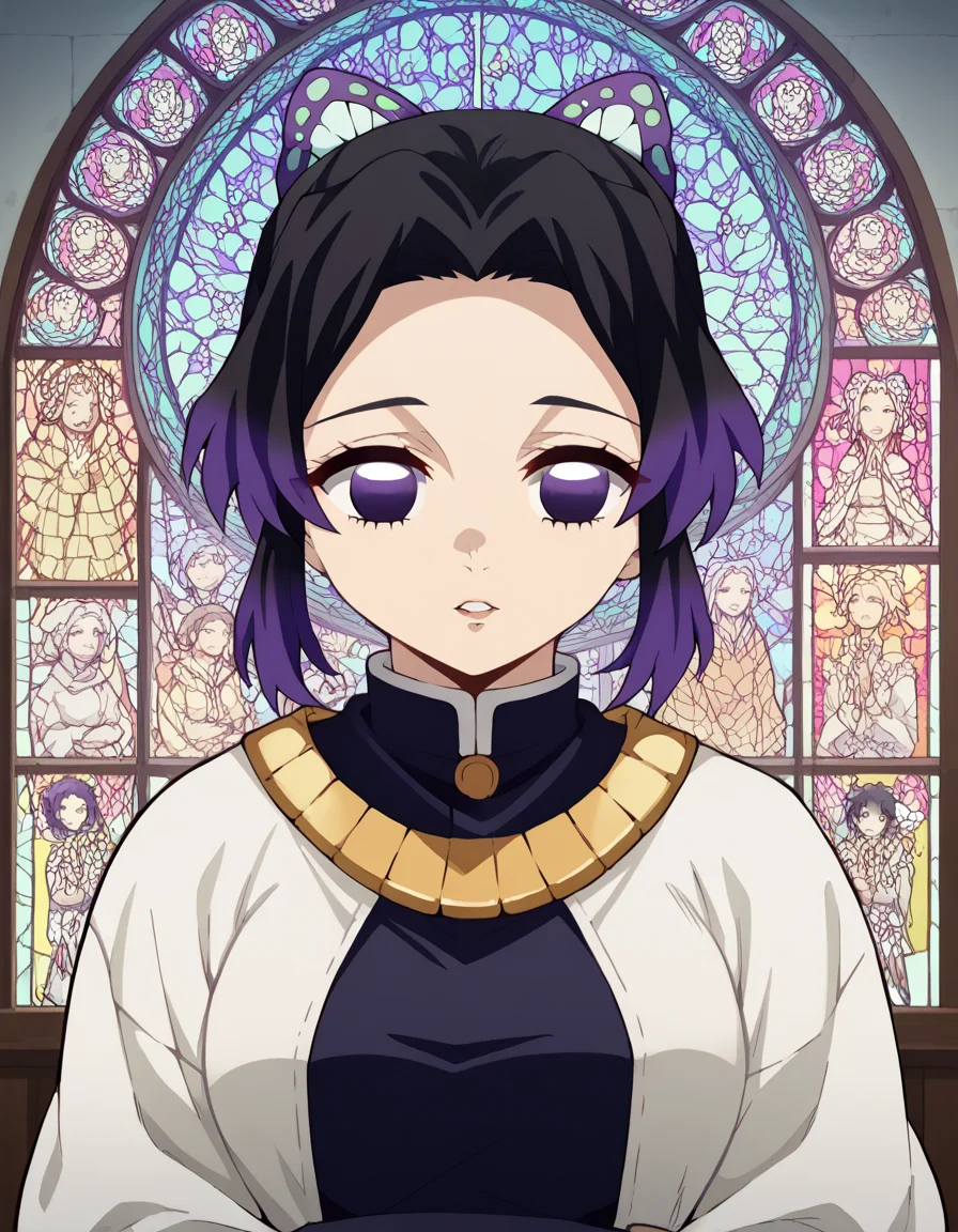 score_9, score_8_up, score_7_up, source_anime, <lora:shinobu-kochou-anime-ponyxl-lora-nochekaiser:1>, shinobu kochou, animal print, black hair, butterfly, butterfly hair ornament, butterfly print, forehead, gradient hair, hair ornament, haori, multicolored hair, parted bangs, purple hair, short hair, two-tone hair, medium breasts, <lora:buddhist-nun-ponyxl-lora-nochekaiser:1>, buddhist nun, nun, habit, vitakra mudra, mudra, coif, gold necklace, priestess,, church, parted lips, praying,, cowboy shot