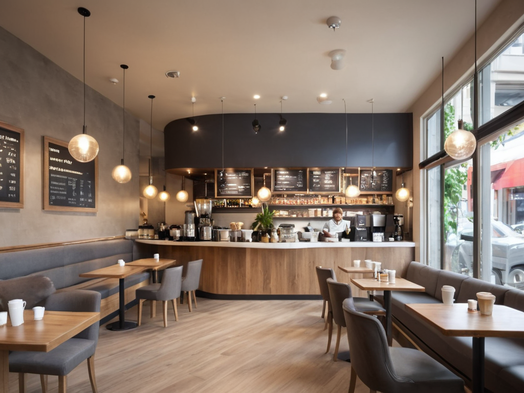 <lora:JJsCoffee_Shop_XL:.7>, ((Coffee Shop)),  indoors,  masterpiece , best quality,  soft lighting, high quality,  enough detail, high resolution, super realistic, Photorealistic, highly detailed,  , table, chair, cup, counter, sofa, ceiling light, door, window, city, street,  ((waiter)), ((motion blur)),