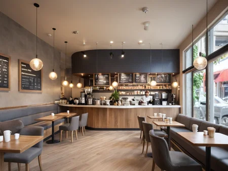 <lora:JJsCoffee_Shop_XL:.7>, ((Coffee Shop)),  indoors,  masterpiece , best quality,  soft lighting, high quality,  enough detail, high resolution, super realistic, Photorealistic, highly detailed,  , table, chair, cup, counter, sofa, ceiling light, door, window, city, street,  ((waiter)), ((motion blur)),