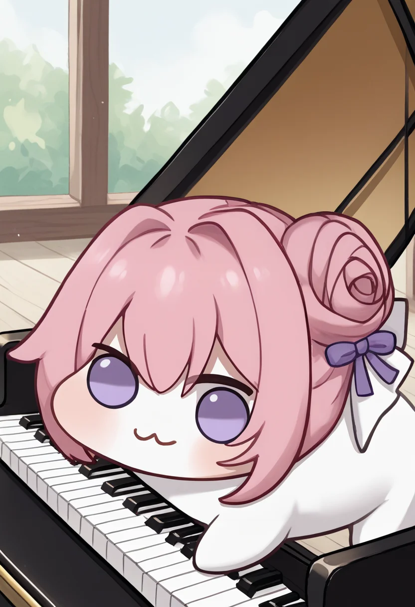 score_9, score_8_up, score_7_up, source_anime BREAK <lora:grandpiano-concept-richy-v1_pdxl:1> grand piano, <lora:Doro_X_PDXL_V1:0.8> doro, creature, :3, chibi, pink hair, purple eyes, hair bun, hair bow, no humans, white skin, solid circle eyes, no pupils, four legs