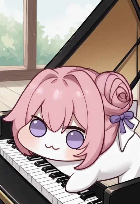score_9, score_8_up, score_7_up, source_anime BREAK <lora:grandpiano-concept-richy-v1_pdxl:1> grand piano, <lora:Doro_X_PDXL_V1:0.8> doro, creature, :3, chibi, pink hair, purple eyes, hair bun, hair bow, no humans, white skin, solid circle eyes, no pupils, four legs
