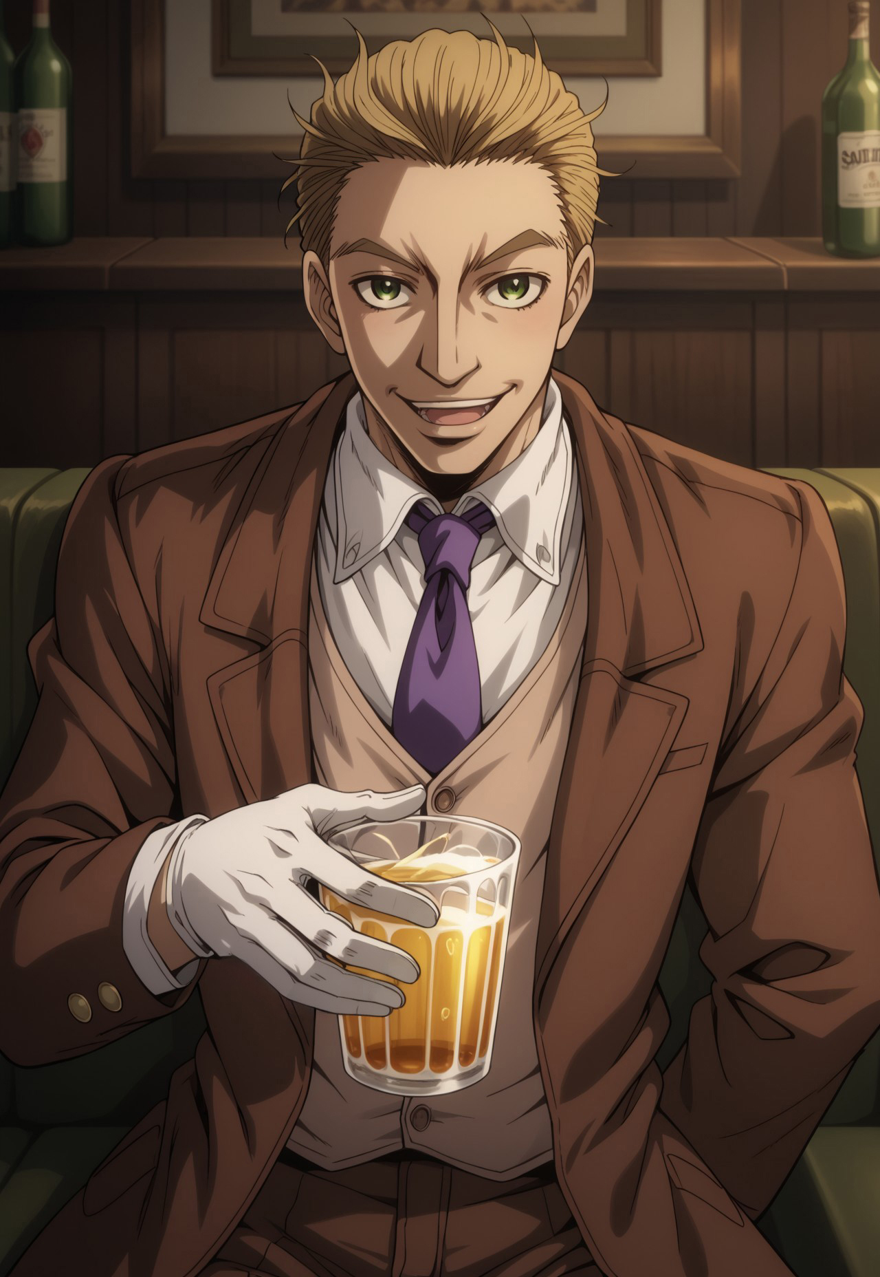 score_9, score_8_up, score_7_up, masterpiece, best quality, very aesthetic, ArthurHellsing, 1boy, solo, male focus, blonde hair, short hair, green eyes, brown jacket, white shirt, beige vest, purple necktie, white gloves, sitting, couch, study (room), holding drinking glas, alcohol, laughing, dark, perspective, portrait