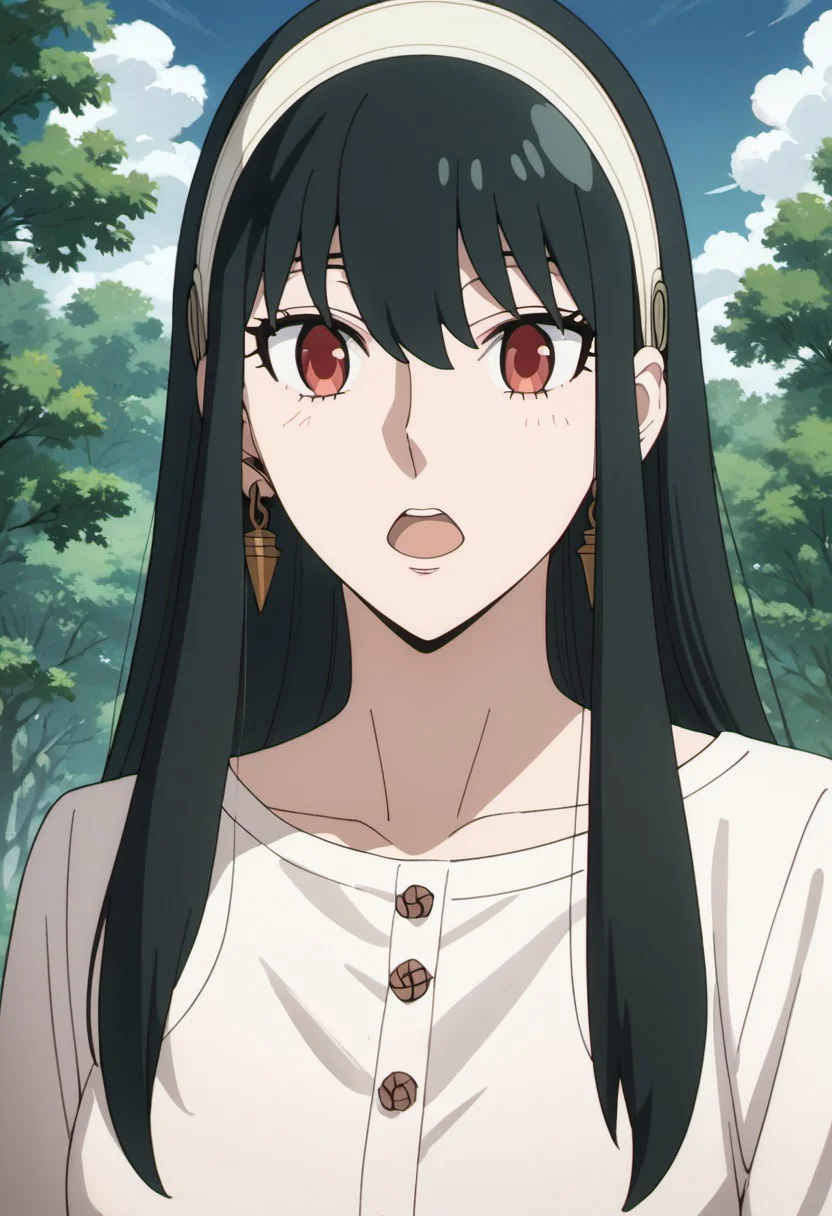 score_9, score_8_up, score_7_up, source_anime, yor briar, black hair, long hair, red eyes, 1girl, solo, outdoors, tree, earrings, jewelry, hairband, sky, sidelocks, cloud, open mouth, day