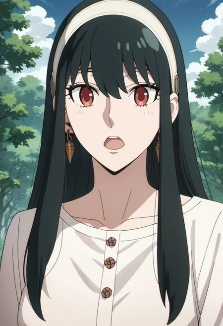score_9, score_8_up, score_7_up, source_anime, yor briar, black hair, long hair, red eyes, 1girl, solo, outdoors, tree, earrings, jewelry, hairband, sky, sidelocks, cloud, open mouth, day
