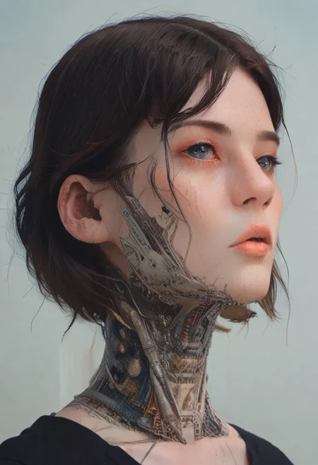 score_9,score_8_up,score_7_up,score_6_up,score_5_up,score_4_up,1 girl,solo,female focus,looking at the spectator,(Heart-shaped face, dark blue eyes, plump lips, short bob-cut dark brown hair, 5'6", 125 lbs, medium breasts, narrow waist, slender figure, a star tattoo on the ankle, pale skin, angular jawline, and slightly upturned nose.:1.3),(A gold lace bra paired with a black puffy mini skirt, and finished with bold gold high heels on a platform, featuring exquisite lace designs and a skirt made of rich velvet fabric, providing a luxurious and captivating look.:1.3),(plain contrasting background:1.3),(full-length:1.5),hands,Perfect hand,Perfect feet,Perfect eyes,cyb0rg,science fiction,cable,mechanical parts,<lora:feet v3:1>,<lora:hand 4:1>,<lora:PerfectEyesXL:1>,zPDXL2,zPDXLpg,<lora:cyb0rgXLP:0.8>,<lora:add-detail-xl:1>,<lora:DP-Pony:1>,p33rs,<lora:incase-ilff-v3-4:0.2>,