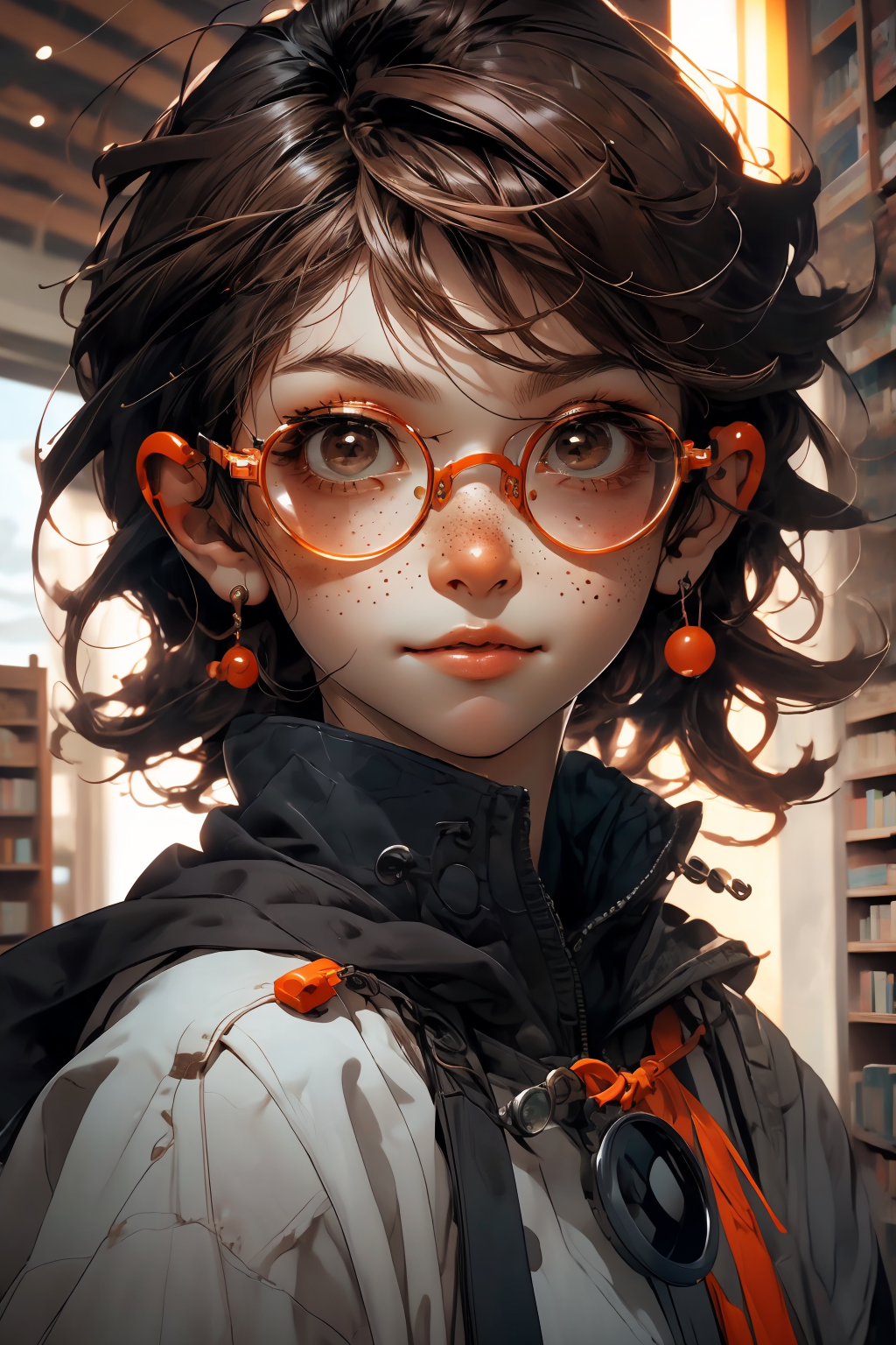 closeup, face, portrait, upper body, 
freckles, 
shy, blush, 
(short brown hair:1.1), 
(library:1.1), 
(round glasses:1.2), 
(brown eyes:1.4), 
<lora:more_details:0.4>
 <lora:Cosmic anime-oil fusion v2:0.45> 
<lora:AnimeVibesV3:0.3> animevibes, 
<lora:3DMM_V11:0.5> 3DMM 
<lora:midjourney_20230624181825:0.7> midjourney ,
 <lora:LAS:0.2> cloud,colorful,
<lora:msw_locon-t2:0.6>
 <lora:wuxia2:0.6> gu,
 <lora:CyberpunkStyleV1:0.2> PunkAI, shiny, shiny hair, shiny skin, shiny clothes