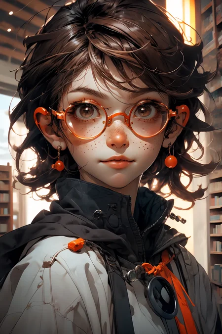 closeup, face, portrait, upper body, 
freckles, 
shy, blush, 
(short brown hair:1.1), 
(library:1.1), 
(round glasses:1.2), 
(brown eyes:1.4), 
<lora:more_details:0.4>
 <lora:Cosmic anime-oil fusion v2:0.45> 
<lora:AnimeVibesV3:0.3> animevibes, 
<lora:3DMM_V11:0.5> 3DMM 
<lora:midjourney_20230624181825:0.7> midjourney ,
 <lora:LAS:0.2> cloud,colorful,
<lora:msw_locon-t2:0.6>
 <lora:wuxia2:0.6> gu,
 <lora:CyberpunkStyleV1:0.2> PunkAI, shiny, shiny hair, shiny skin, shiny clothes