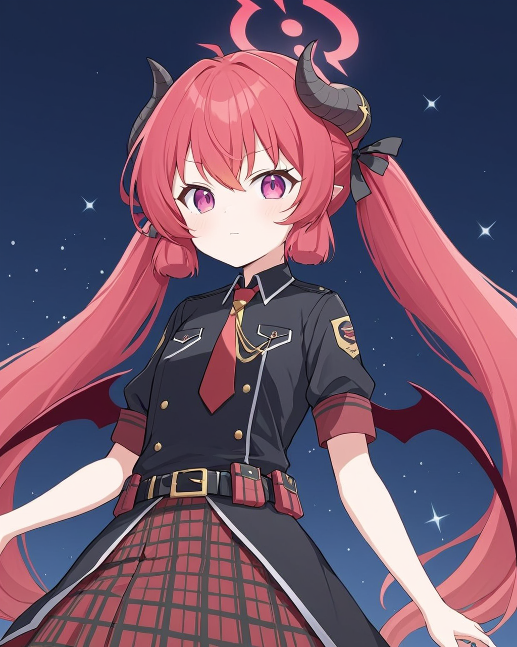 junko \(blue archive\),1girl, v, solo, halo, twintails, cake, looking_at_viewer, arm_support, short_sleeves, red_necktie, belt, red_skirt, demon_wings, black_shirt, candy, demon_horns, sparkle, black_ribbon, plaid_skirt
<lora:junko_(blue_archive)_image691_2023-11-28-000012:1>halo. gorgeous,key visual, vibrant, studio anime,award-winning, professional, highly detailed,high budget, cinemascope