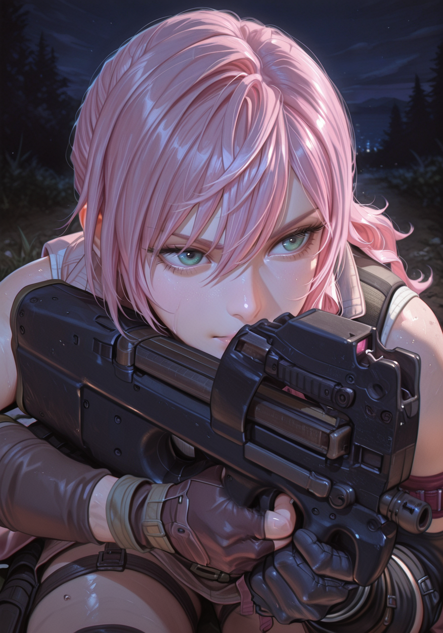embedding:IllusP0s, p90, aiming submachine gun, bullpup, claire farron_\(final fantasy\), pink hair, outdoors, night, 1girl, solo, artist:moriimee<lora:MoriiMee_Gothic_Niji_Style_Illustrious_r1.safetensors:0.85:0.85> <lora:p90_ill.safetensors:1.0:1.0>