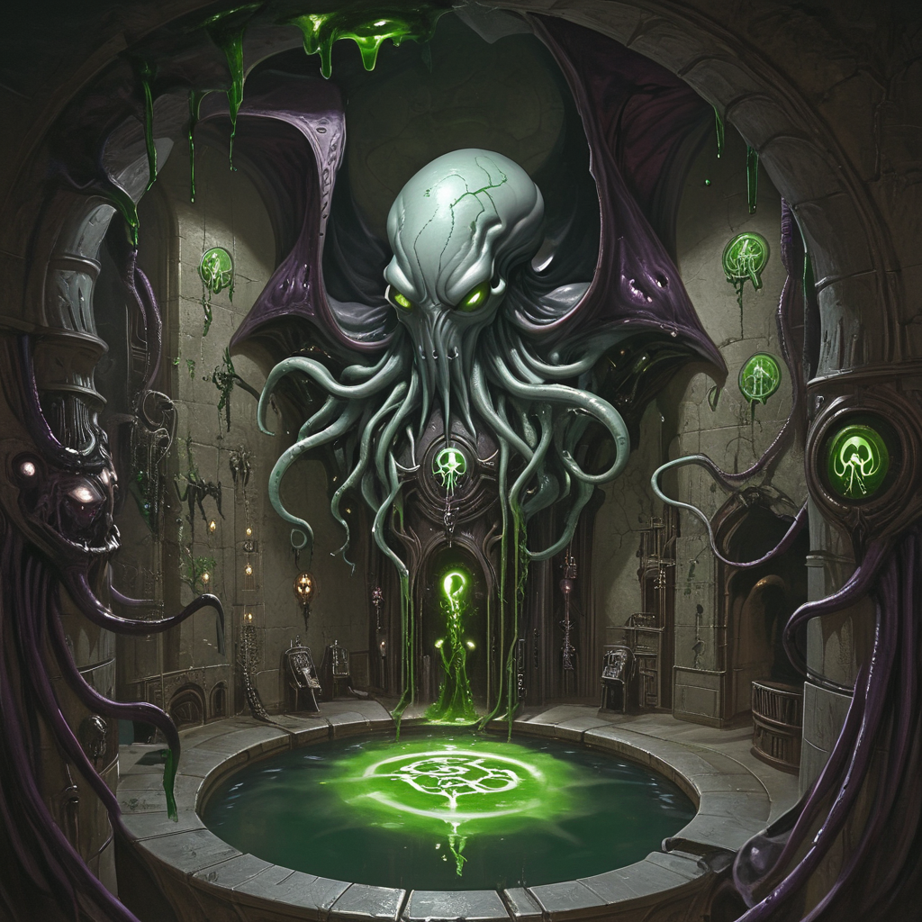 ArsMJStyle, dnddarkestfantasy,  <lora:DnD_Darkest_Fantasy_Party:1.2>,    <lora:add-detail-xl:1.2>,  Mindflayer's Lair, The image presents the horrifying inner sanctum of a mindflayer. Brain-like structures cover the walls, pulsing with psychic energy. Enslaved thralls stand in tubes of green liquid. Arcane machinery and eldritch symbols fill the room. A central pool reflects impossible geometries., no humans, mindflayer, brain, psychic energy, eldritch, arcane technology, slaves, impossible geometry, dark fantasy, horror, alien, unsettling