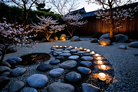 Stable_Yogis_PDXL_Positives,zPDXL3,<lora:sdxl_lightning_8step_lora:1>, a tranquil Japanese Zen garden at dusk, illuminated by soft lantern light, with delicate cherry blossoms gently falling onto a raked gravel path, surrounded by smooth stones and a small koi pond reflecting the twilight sky., score_9, score_8_up, score_7_up