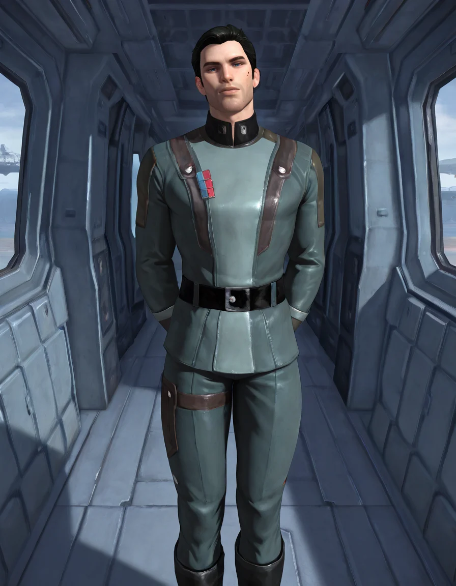 masterpiece, best quality, newest, perfect quality, best quality, detailed background, intricate details, male focus, realistic, <lora:SWTOR - Malavai Quinn - Illustrious-000010:0.8>, m_quinn, 1boy, mature male, black hair, blue eyes, military jacket, gloves, belt, pants, boots, spacecraft interior, looking at viewer, head tilt, arms behind back, mole on cheek