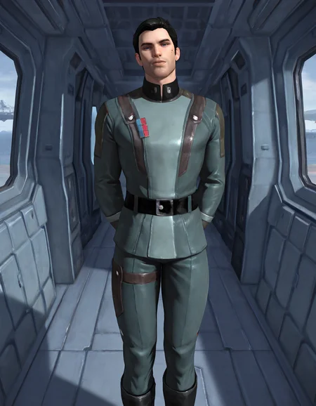 masterpiece, best quality, newest, perfect quality, best quality, detailed background, intricate details, male focus, realistic, <lora:SWTOR - Malavai Quinn - Illustrious-000010:0.8>, m_quinn, 1boy, mature male, black hair, blue eyes, military jacket, gloves, belt, pants, boots, spacecraft interior, looking at viewer, head tilt, arms behind back, mole on cheek