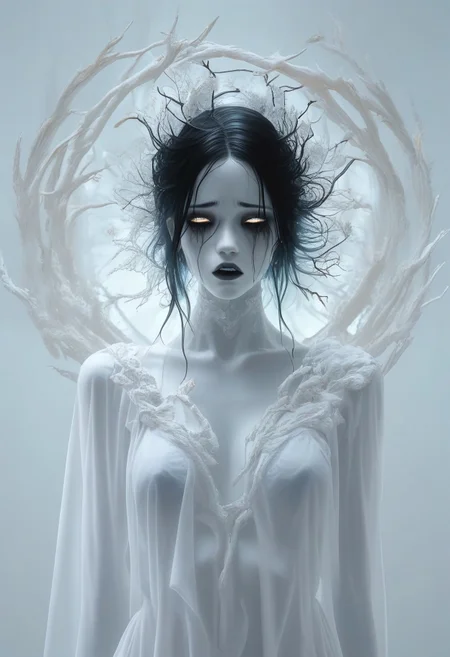 score_9, score_8_up, score_7_up, BREAK, The image is a high-resolution photograph of a person's face, taken in a dramatic, almost surreal style. The subject is a woman with black hair, a fair complexion and striking features. Her body is covered with a white translucent fabric that drapes over her shoulders, creating a ghostly, ethereal effect, which contrasts sharply with the pale skin and the white film, black tears, crying