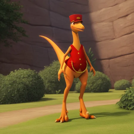 score_9, score_8_up, score_7_up, score_6_up, score_5_up, score_4_up, source_furry, dtmrconductorv2, semi-anthro, male, Troodon, orange skin, brown eyes, dinosaur, red vest, gold buttons, gold chain, red hat, chinstrap, standing, outside,