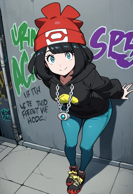 masterpiece, best quality, 1girl, solo, eyelashes, (beautiful eyes), narrow waist, smile, zzSelene, black hair, short hair, C0utur3Cr4z3, 1girl, solo, oversized hoodie, distressed jeans, chunky sneakers, statement chain necklace, beanie, graffiti alley, urban vibe â Selene stands confidently in a graffiti-covered alley, exuding bold streetwear energy. Her oversized hoodie with bold graphic prints sways as she moves, while distressed jeans and chunky sneakers give her look an effortless edge. A statement chain necklace glints against the dark backdrop, and a beanie sits atop her short black hair. The alley's vibrant graffiti adds color to the scene, highlighting her urban style. (leaning forward, dynamic pose, aged up, detailed eyes), wide hips, <lora:SelenePokemon_NAI:1.0>,
