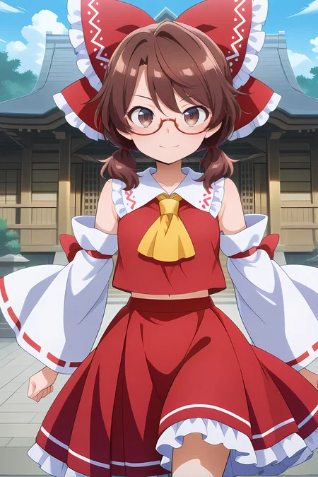 absurdres, highres, masterpiece, best quality, amazing quality, official anime artwork, screencap, anime screencap, outdoors, light smile, looking at viewer, dynamic pose, day, shrine, 
<lora:Usami-Sumireko_Illustrious:1> usami sumireko, 1girl, solo, brown eyes, brown hair, short hair, low twintails, red-framed eyewear, semi-rimless eyewear,, 
<lora:Hakurei-Reimu_IllustriousV1.5:0.5> hakurei reimu \(cosplay\), ascot, bare shoulders, detached sleeves, frilled bow, frilled shirt collar, frilled skirt, frills, midriff peek, red skirt, red shirt, sleeveless, sleeveless shirt, white sleeves, yellow ascot,